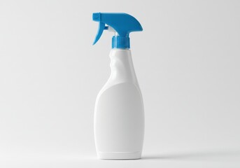 Isolated white plastic spray bottle with blue trigger on a plain white background in studio shot