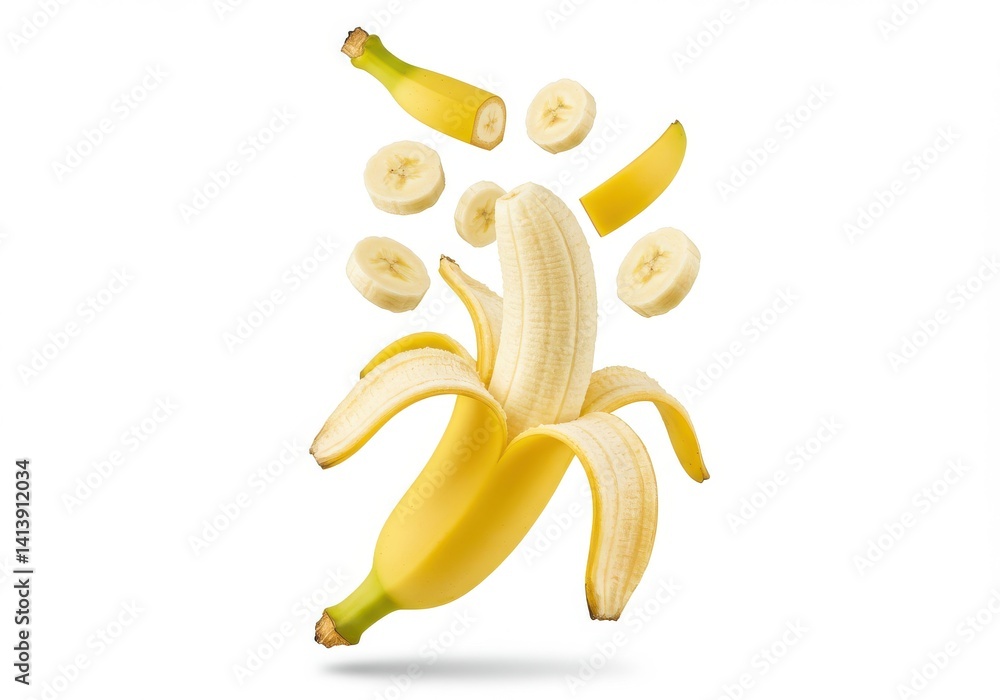 Poster a peeled banana with slices floating around it on a white background in a studio setting shot well