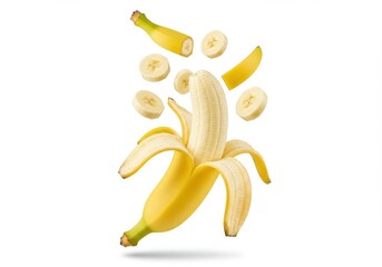 A peeled banana with slices floating around it on a white background in a studio setting shot well