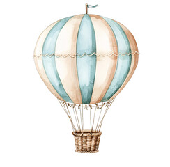 Fototapeta premium A stylized, hand-painted hot air balloon, featuring pale blue and tan stripes, and resting in a light brown wicker basket.