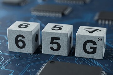 The Dawn of 6G: Cubes Displaying '6', '5', and a Wireless Symbol with 'G' on a High-Tech Circuit Board, Representing the Evolution of Mobile Network Technology.