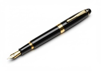 A black fountain pen with gold accents lying diagonally on a plain white surface in a studio shot