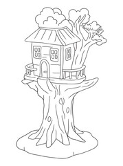 Black and white tree house coloring page design. Fun and creative line art for kids, perfect for coloring books, worksheets, and printable art activities.
