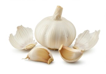 A still life of a whole garlic bulb with cloves and skin on a white background in a studio setting