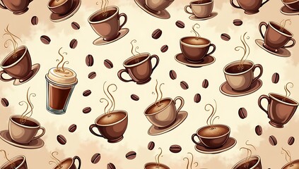 Fototapeta premium A seamless pattern filled with different coffee cups, beans, and steam swirls on a light brown textured background — ideal for coffee shop branding or cafe menus.