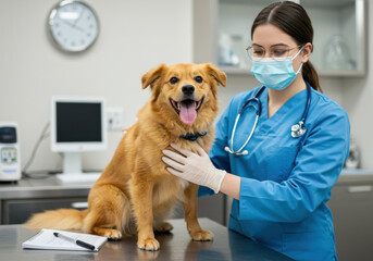 Vet and dog at desk in vet clinic.