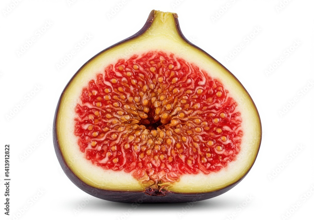 Poster a close up of a halved fig showing the inside with seeds and the outer skin on white background