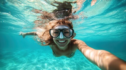 Fototapeta premium Underwater Selfie: A Woman's Joyful Snorkeling Adventure