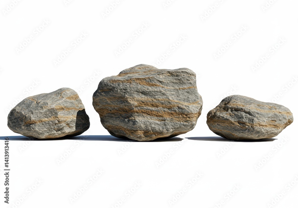 Poster three rocks of varying sizes and colors arranged in a row against a white background in a studio sho