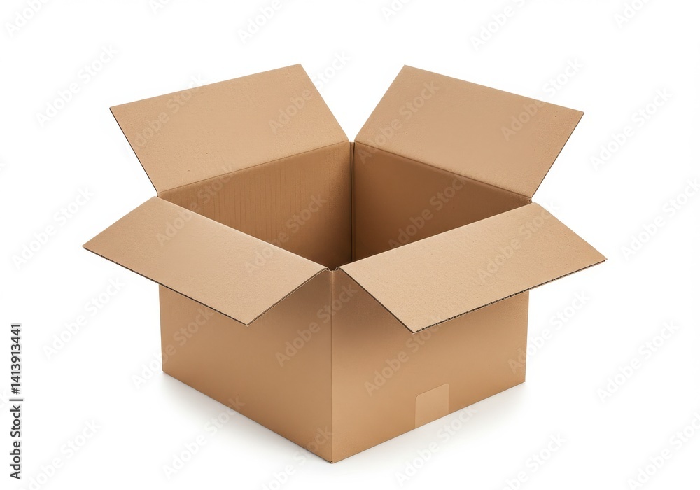 Poster a single open cardboard box with flaps extending outward isolated on a white background surface