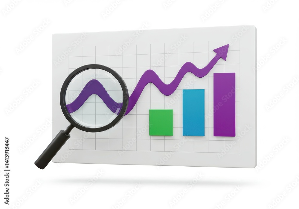 Poster a chart with bars and a line going up with a magnifying glass showing the top of the line