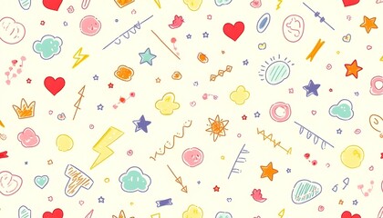 Seamless doodle pattern with colorful hand-drawn arrows, hearts, stars, and symbols on beige background. Fun crayon style, perfect for kids, decor, wrapping, and digital design.