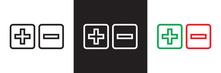 Add and remove  button icons. Plus minus circular icon. Vector for websites, mobile interfaces, presentations, banner, visual branding etc. Vector illustration. isolated on white and black background.
