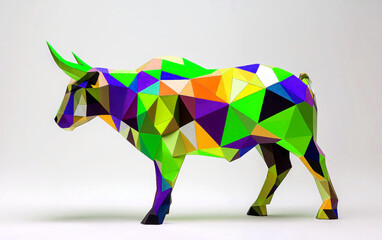 Obraz premium Colorful polygonal bull sculpture in vibrant hues and shapes.