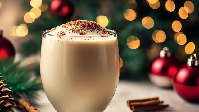 Classic Christmas drink Eggnog, chilean Cola de mono (monkey tail) cocktail, or Puerto Rican Coquito eggnog, on old wooden background with pine tree branches copy spaces