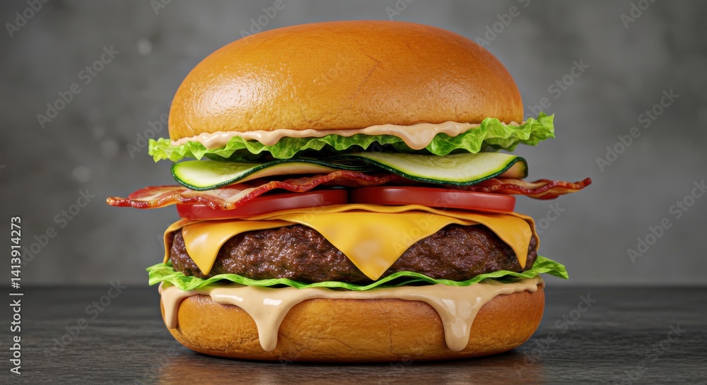 Poster a close up studio shot of a delicious looking burger with bacon and dripping sauce on a table