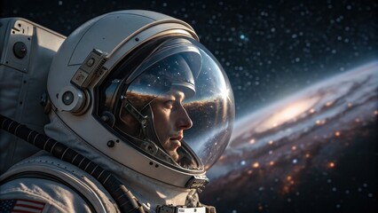 Fototapeta premium An astronaut gazes into the cosmos, reflecting the beauty of space and distant galaxies in their helmet visor.