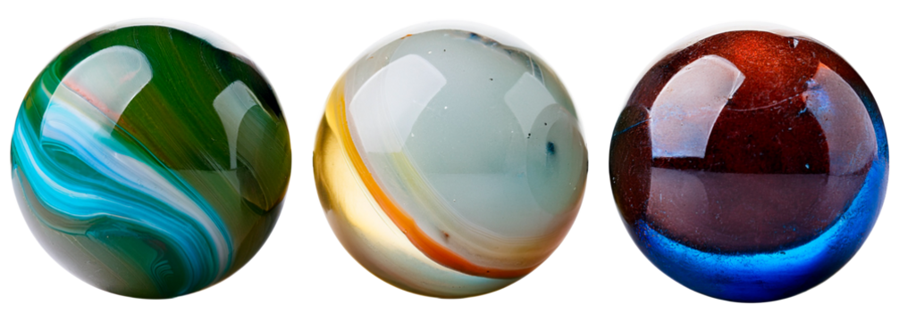 shiny glass marble ball toys in three color and pattern variations isolated on white background