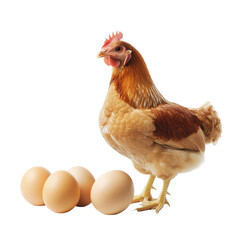 Fototapeta premium Chicken stands beside freshly laid eggs on a white background showcasing quality and natural produce, Chicken Eggsisolated on white background