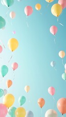 Obraz premium A seamless background filled with multicolored balloons of various sizes floating on a soft sky blue backdrop, evoking a cheerful celebration vibe.