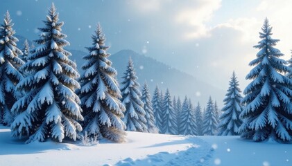 Fototapeta premium Dense pine trees stand frosty sentinel amidst falling snow, distant cabin, woodland scenery, winter landscape