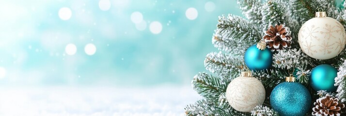 Obraz premium Festive Christmas Tree with Teal and Cream Ornaments