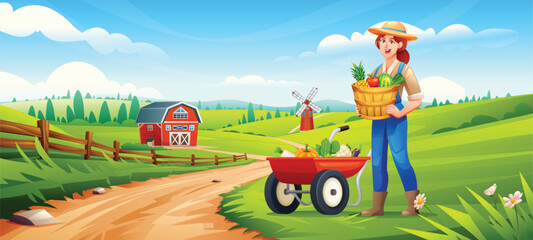 Female farmer holding basket of vegetables beside cart on a sunny farm. Vector cartoon illustration