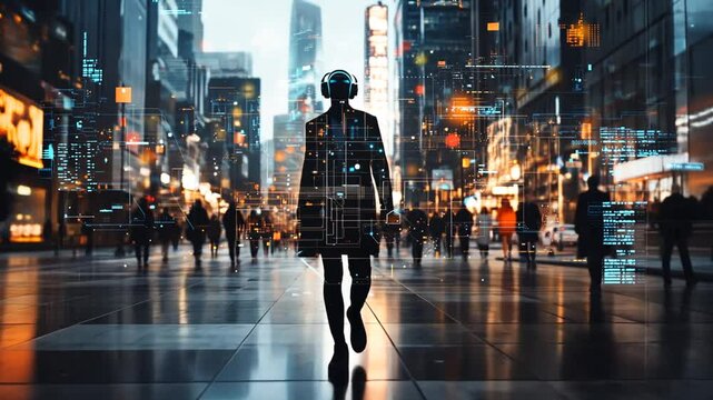 Empowered individual walks towards camera in futuristic city with digital overlay