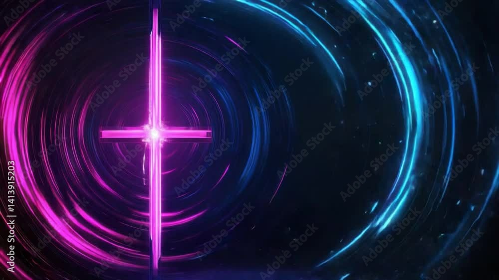 Poster vibrant abstract neon cross in dynamic circular light waves for inspirational concepts and spiritual