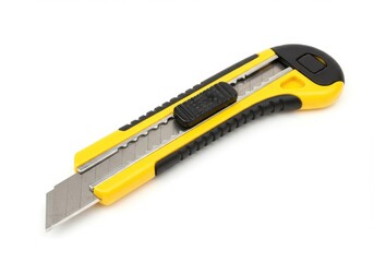 A yellow and black utility knife with a silver blade is displayed on a white background surface area