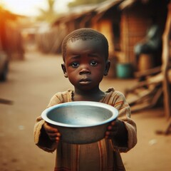 A young child in worn clothing holds an empty metal bowl, standing in a rural village with a backdrop of humble homes. The warm sunset lighting adds a somber tone, emphasizing themes of poverty