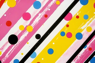 Abstract art with pink, yellow, black, red, and blue circles, diagonal stripes, and white background