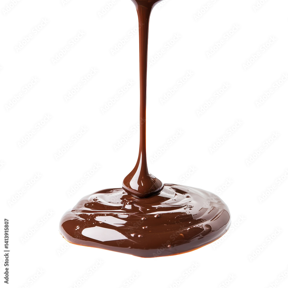 Aufkleber rich chocolate pouring and dripping from a wide source creating an inviting pool on a clean surface,