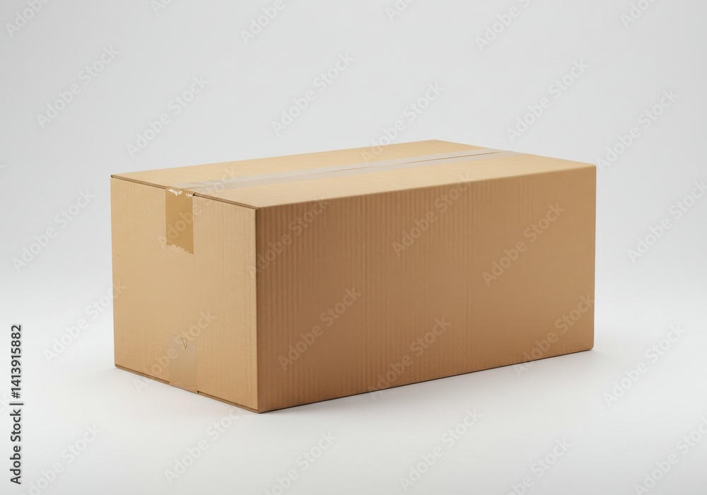 Poster a single closed cardboard box with tape on a white background in a studio setting with soft lighting