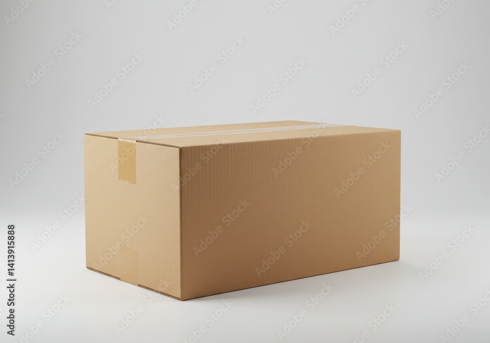 Poster a cardboard box sealed with tape sits against a plain white background in a studio setting