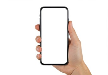 Hand holding a black smartphone with a blank white screen against a white background in a studio shot