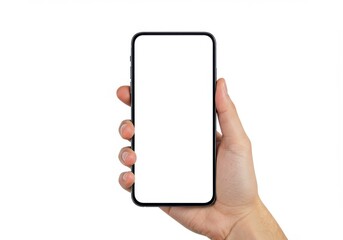 A hand holding a modern smartphone with a blank white screen against a white background in a studio shot