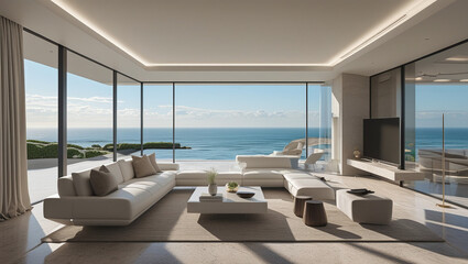 Luxury architecture, ocean front property landscape. Modern living room interior design with sleek contemporary designer furniture, minimalist decor large windows, panoramic coastal view background