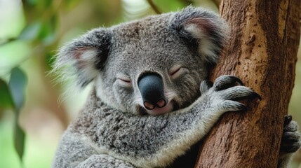 Fototapeta premium A serene slumber: close-up of a koala deeply sleeping embraced on a tree trunk
