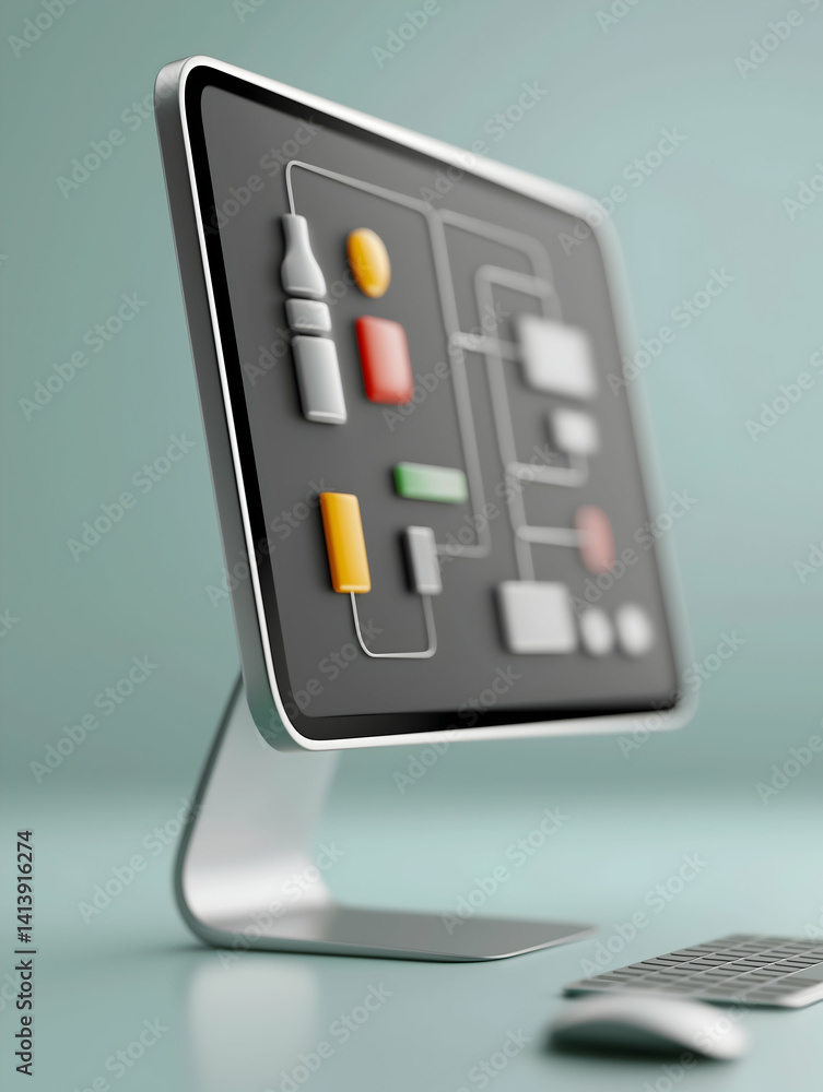 Poster a sleek computer monitor displays colorful icons and shapes, suggesting a digital interface or creat