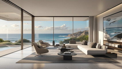 Luxury architecture, ocean front property landscape. Modern living room interior design with sleek contemporary designer furniture, minimalist decor large windows, panoramic coastal view background