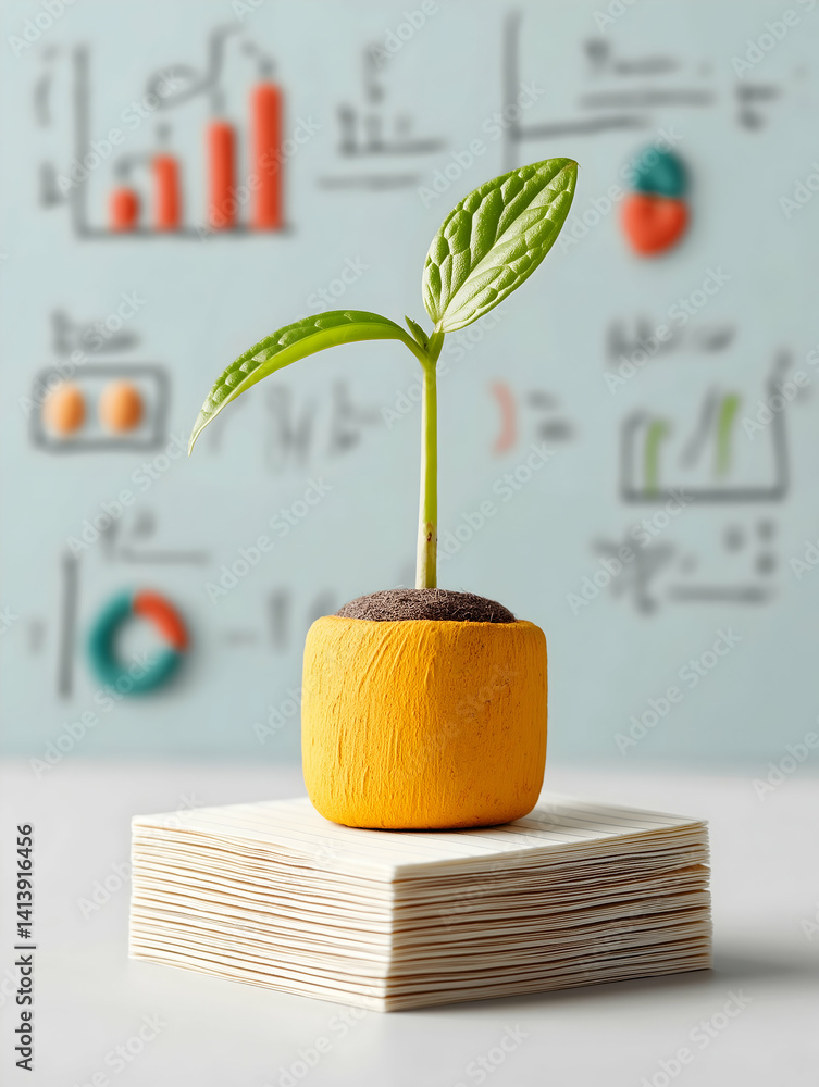 Poster a small plant sprouts from a uniquely designed pot, set against a backdrop of colorful charts and gr