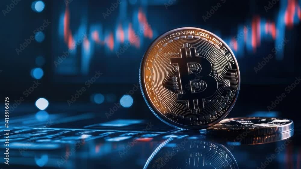 Poster cryptocurrency trading concept with bitcoin coin and digital data visualization on screen