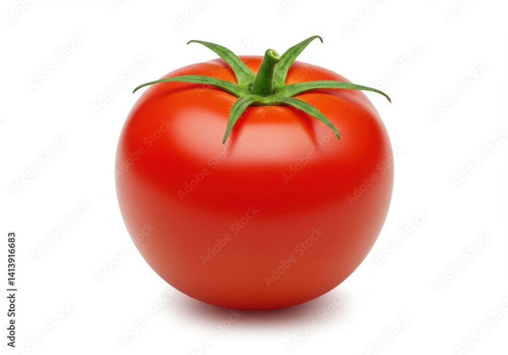 Poster A single ripe tomato with green stem isolated on a plain white background in a studio setting
