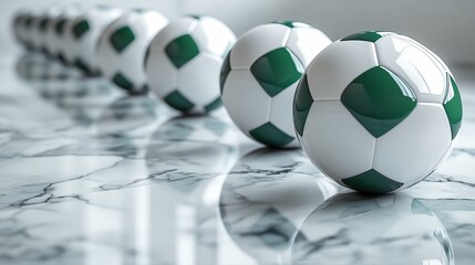 Soccer balls aligned on marble surface