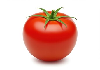 A single ripe tomato with green stem isolated on a plain white background in a studio setting