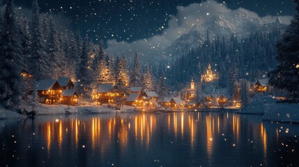 Fototapeta premium Enchanting winter village nestled beside a serene lake beneath a starry night