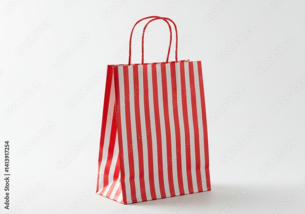 Poster isolated view of a red and white striped paper shopping bag with matching handles on a white backgro