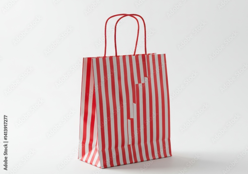 Poster a red and white striped paper bag with handles on a plain white background in a studio setting