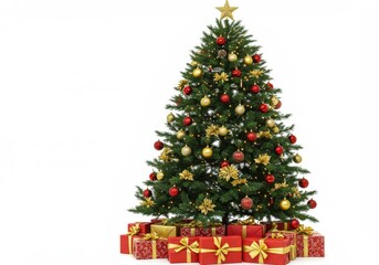 A christmas tree decorated with ornaments and a star, with gifts underneath on a white background